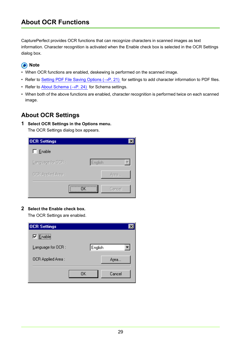 About ocr functions, P. 29), About ocr | Functions, About ocr settings | Canon imageFORMULA DR-2020U Universal Workgroup Scanner User Manual | Page 29 / 73