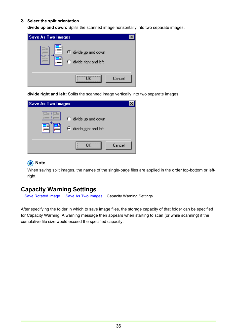 Capacity, Warning settings, P. 36) | Capacity warning settings | Canon imageFORMULA DR-2020U Universal Workgroup Scanner User Manual | Page 36 / 73