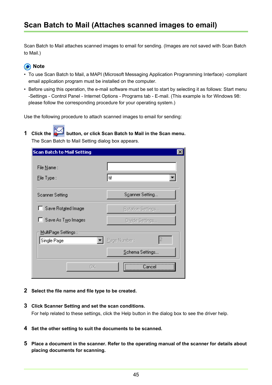 Scan batch to mail, Attaches scanned images to email), P. 45) | Canon imageFORMULA DR-2020U Universal Workgroup Scanner User Manual | Page 45 / 73