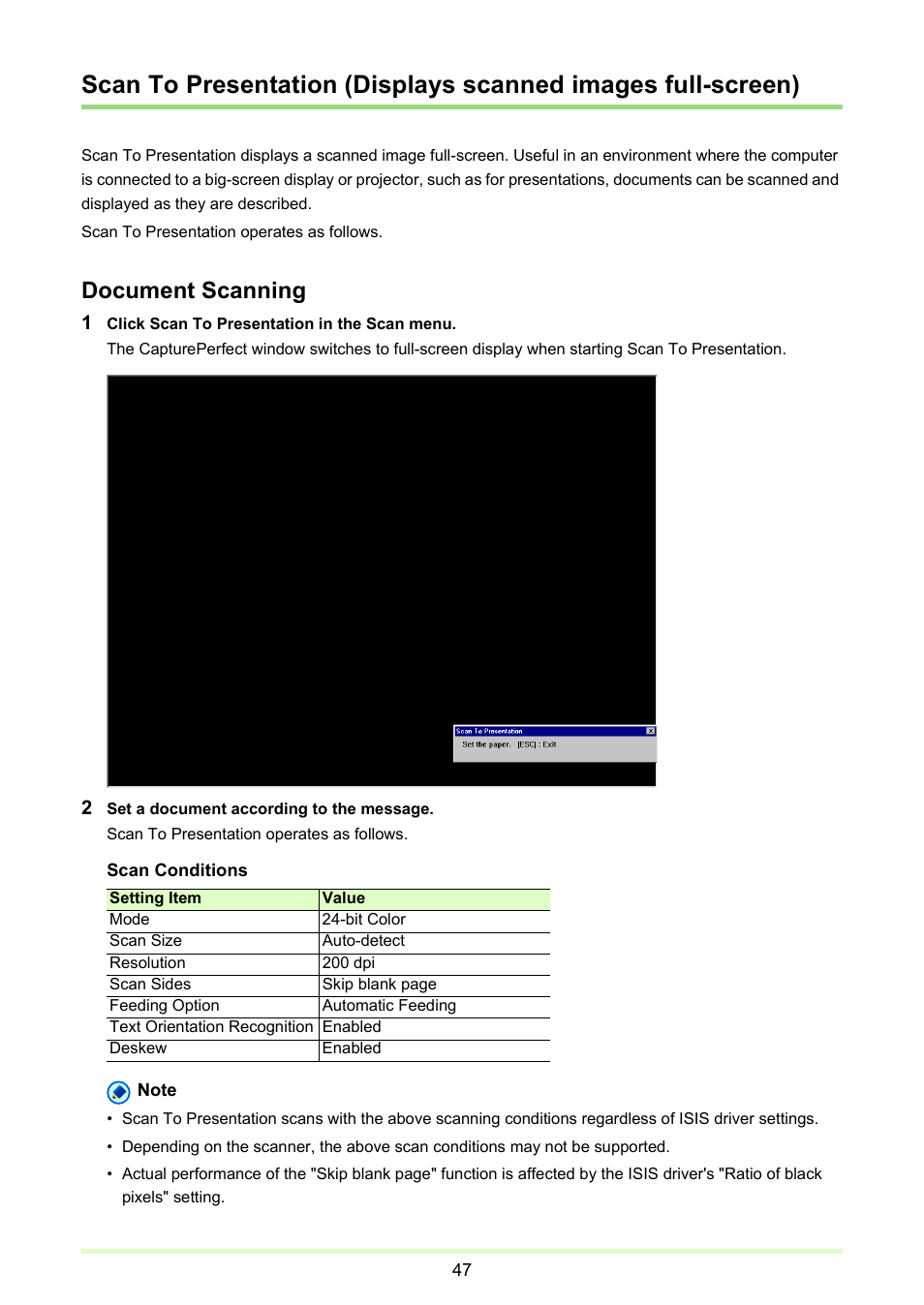 Scan to presentation (displays scanned images full, Screen), P. 47) | Scan to presentation (displays scanned, Images full-screen), Document scanning | Canon imageFORMULA DR-2020U Universal Workgroup Scanner User Manual | Page 47 / 73