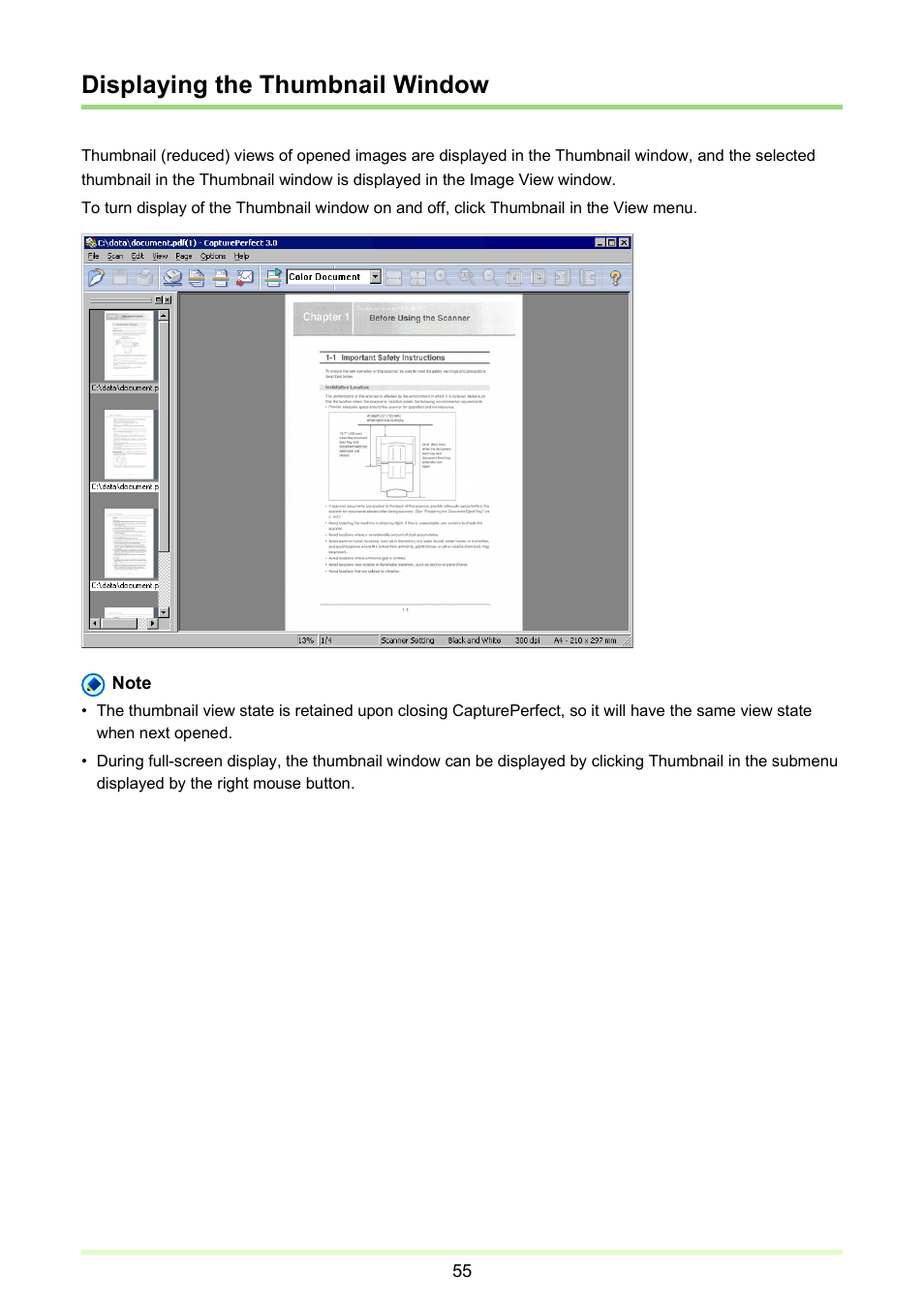 Displaying the thumbnail window, Displaying, The thumbnail window | P. 55) | Canon imageFORMULA DR-2020U Universal Workgroup Scanner User Manual | Page 55 / 73