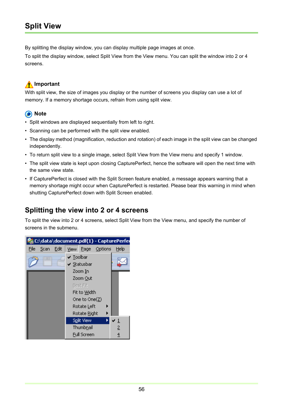 Split view, P. 56), Splitting the view into 2 or 4 screens | Canon imageFORMULA DR-2020U Universal Workgroup Scanner User Manual | Page 56 / 73