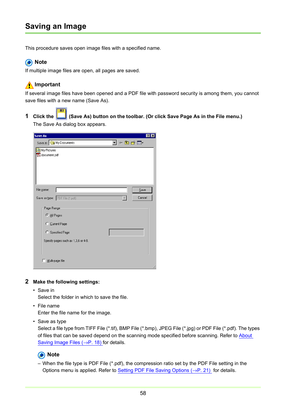 Saving an image, P. 58), Saving an | Image | Canon imageFORMULA DR-2020U Universal Workgroup Scanner User Manual | Page 58 / 73