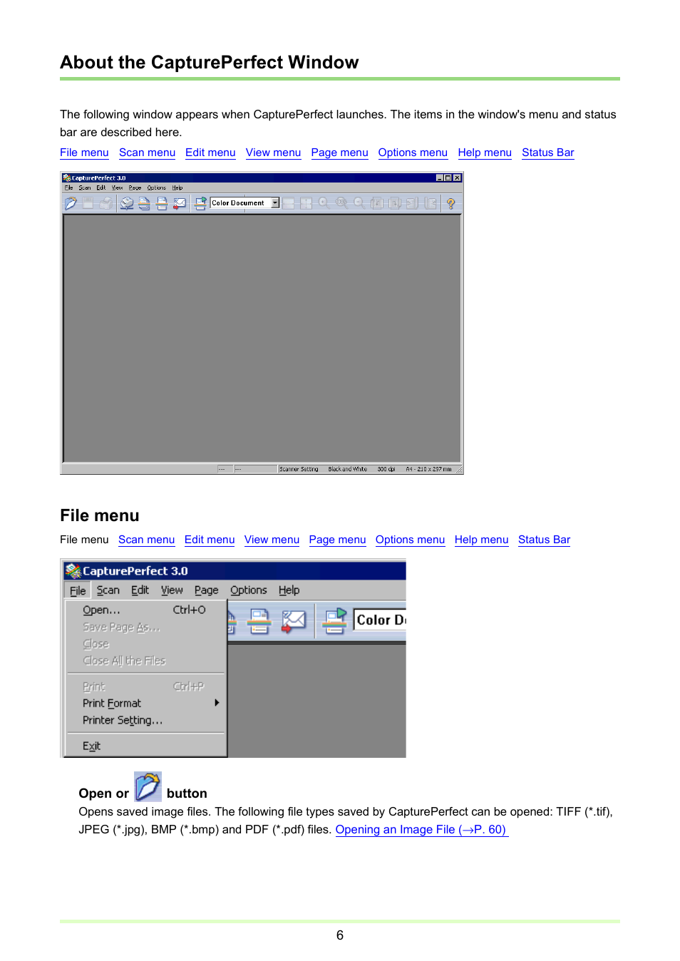 About the captureperfect window, P. 6), File menu | Canon imageFORMULA DR-2020U Universal Workgroup Scanner User Manual | Page 6 / 73
