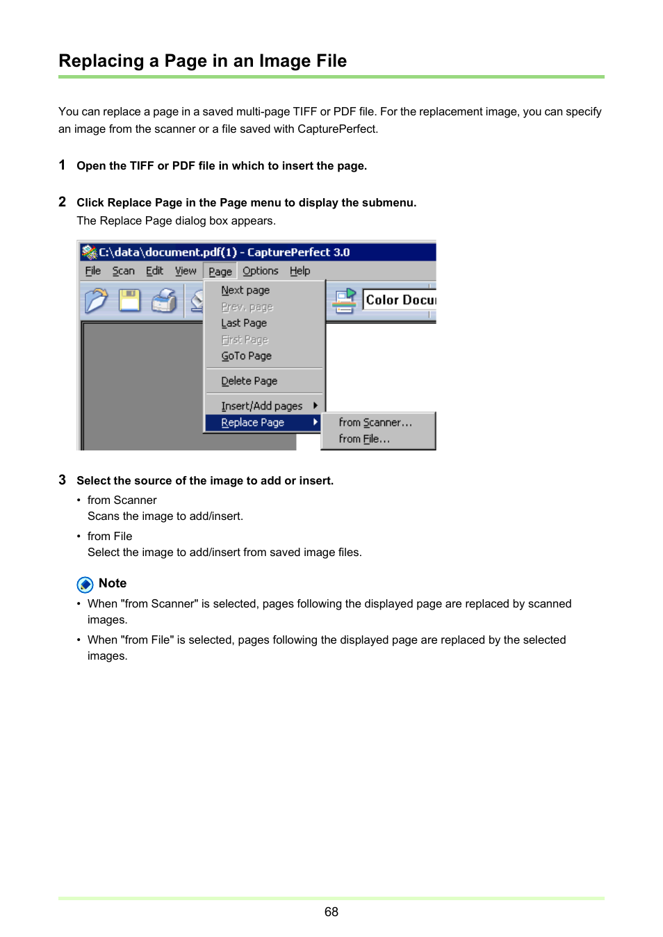 Image file, P. 68), Replacing a page in an image file | Canon imageFORMULA DR-2020U Universal Workgroup Scanner User Manual | Page 68 / 73
