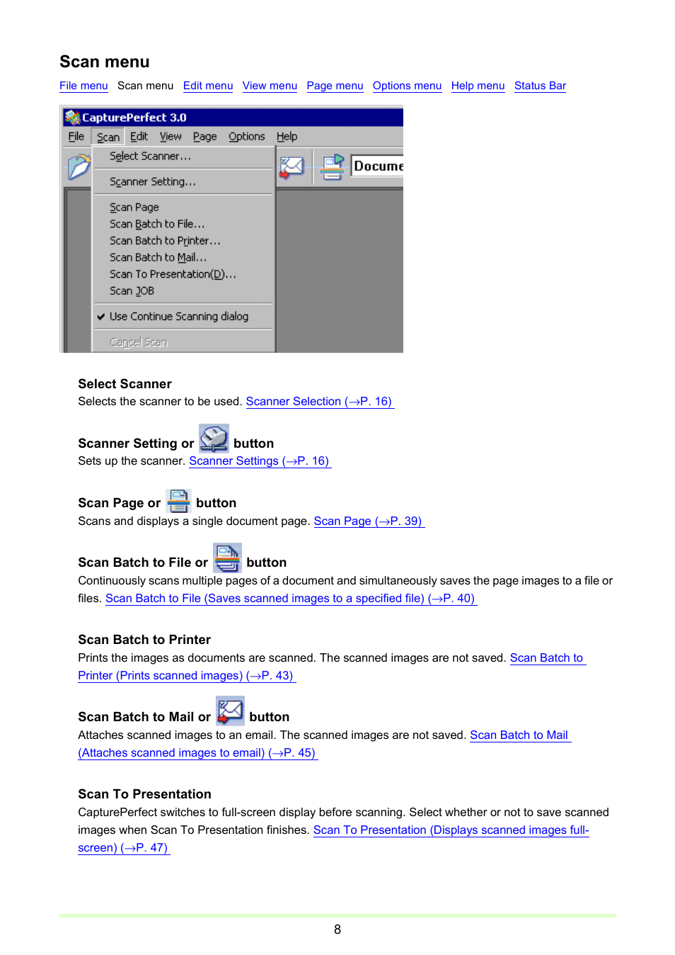 Scan menu | Canon imageFORMULA DR-2020U Universal Workgroup Scanner User Manual | Page 8 / 73