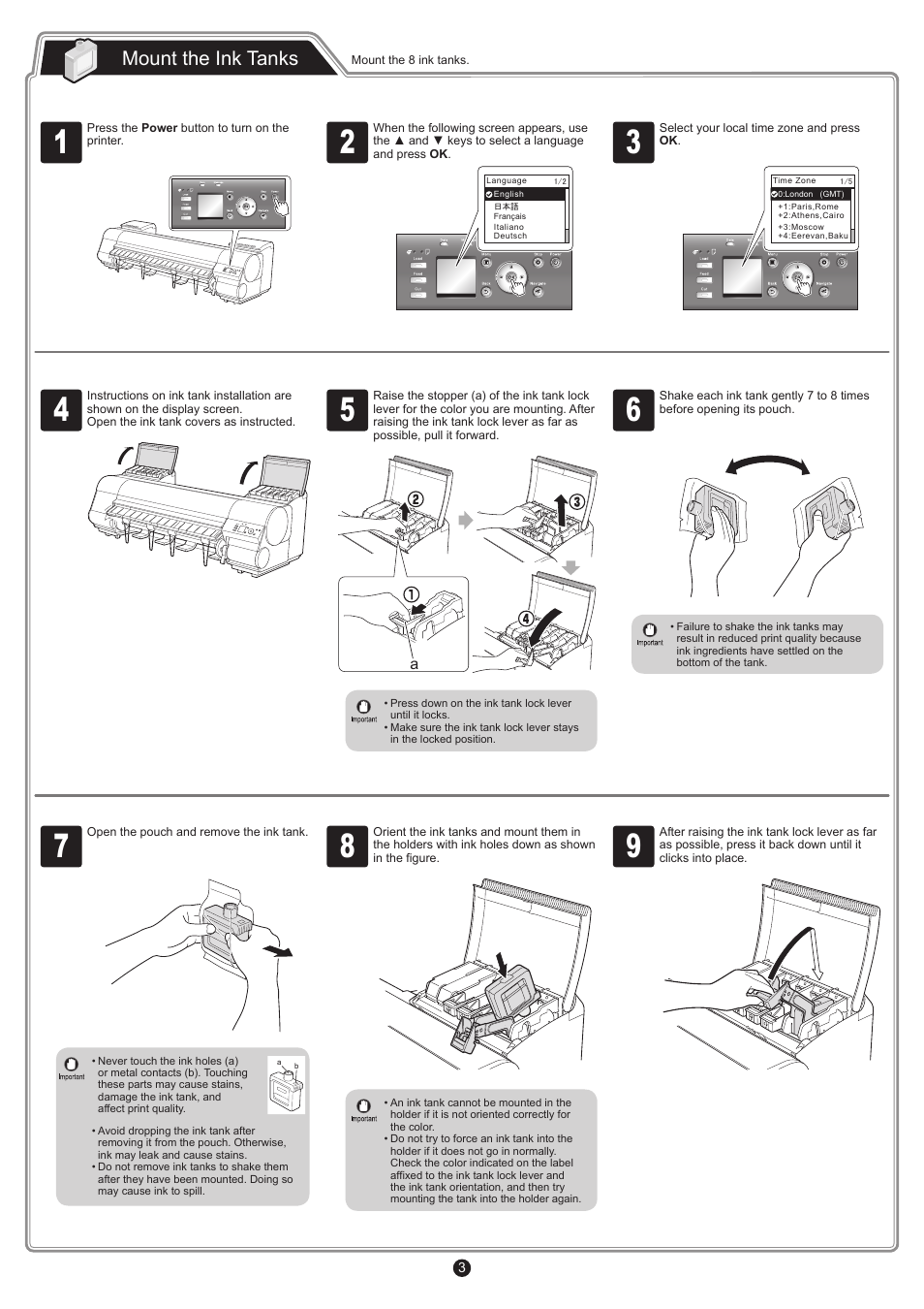 Mount the ink tanks | Canon imagePROGRAF iPF8400S User Manual | Page 3 / 16