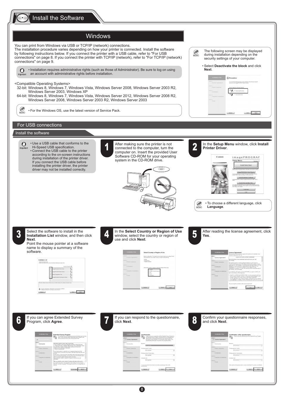 Install the software windows | Canon imagePROGRAF iPF8400S User Manual | Page 8 / 16