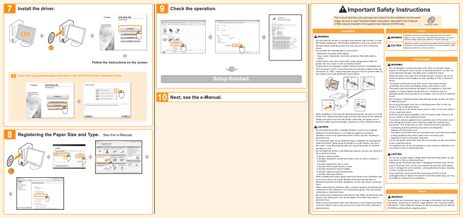 Important safety instructions, Setup finished, See the e-manual | Follow the instructions on the screen | Canon Color imageCLASS LBP7660Cdn User Manual | Page 2 / 2