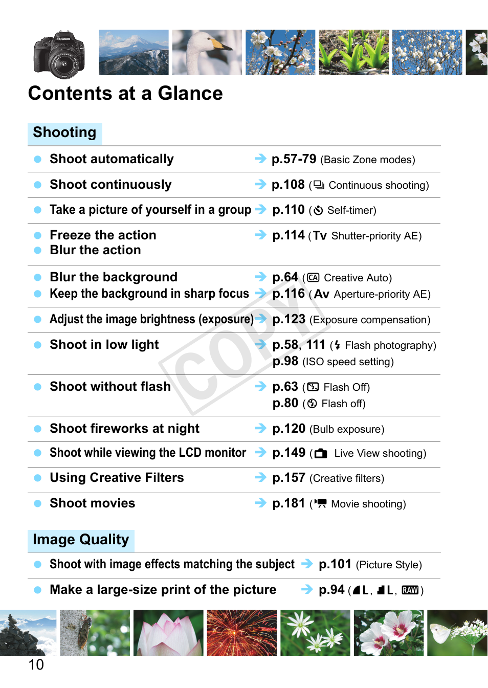 Contents at a glance, C op y | Canon EOS Rebel SL1 18-55mm IS STM Lens Kit User Manual | Page 10 / 388