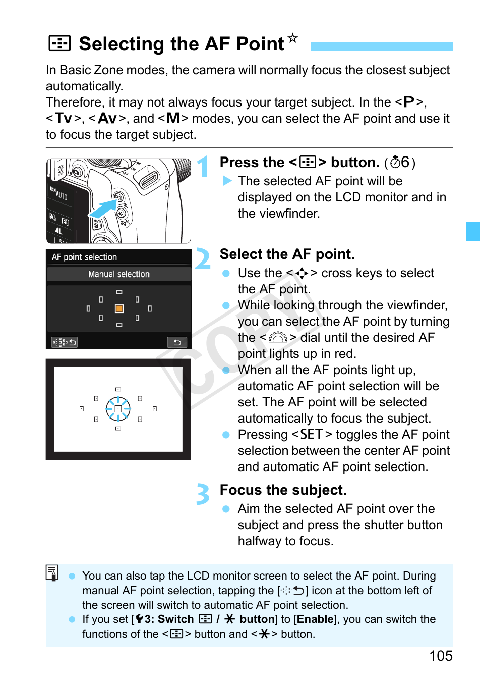 Selecting the af point, P.105, P.105/244, 279, 289) | Cop y, Sselecting the af point n | Canon EOS Rebel SL1 18-55mm IS STM Lens Kit User Manual | Page 105 / 388