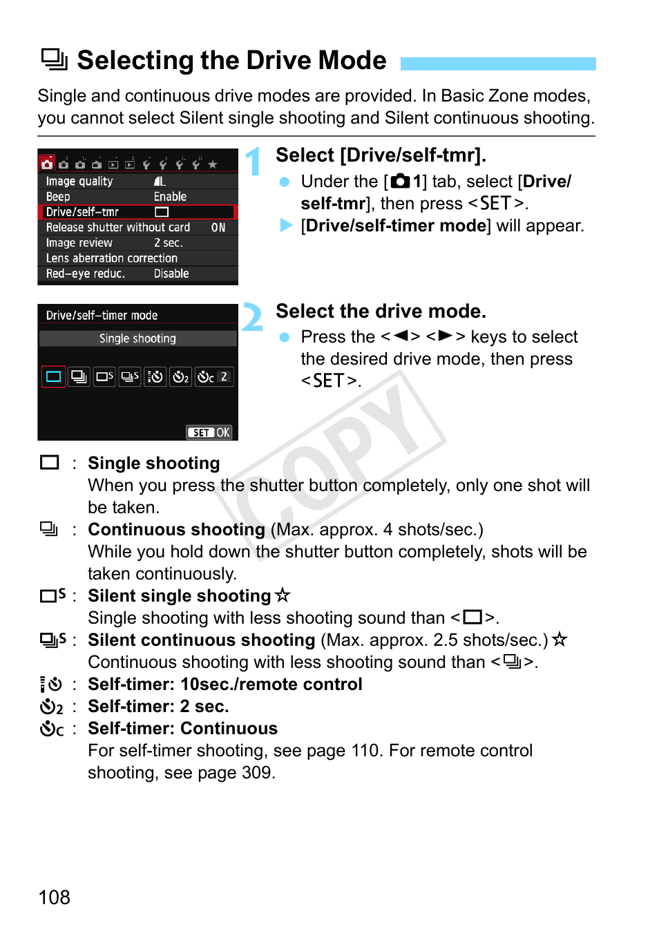 Selecting the drive mode, P.108, Drive/self-timer (p.108, 1 | P.108), Cop y, Iselecting the drive mode | Canon EOS Rebel SL1 18-55mm IS STM Lens Kit User Manual | Page 108 / 388