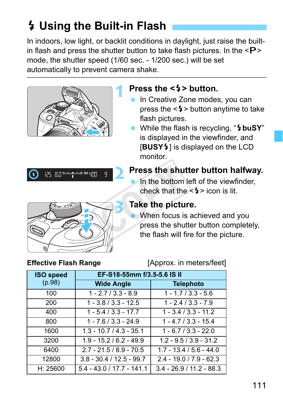 Using the built-in flash, P.111/106), P.111) | Extend (p.111, Cop y, Dusing the built-in flash | Canon EOS Rebel SL1 18-55mm IS STM Lens Kit User Manual | Page 111 / 388