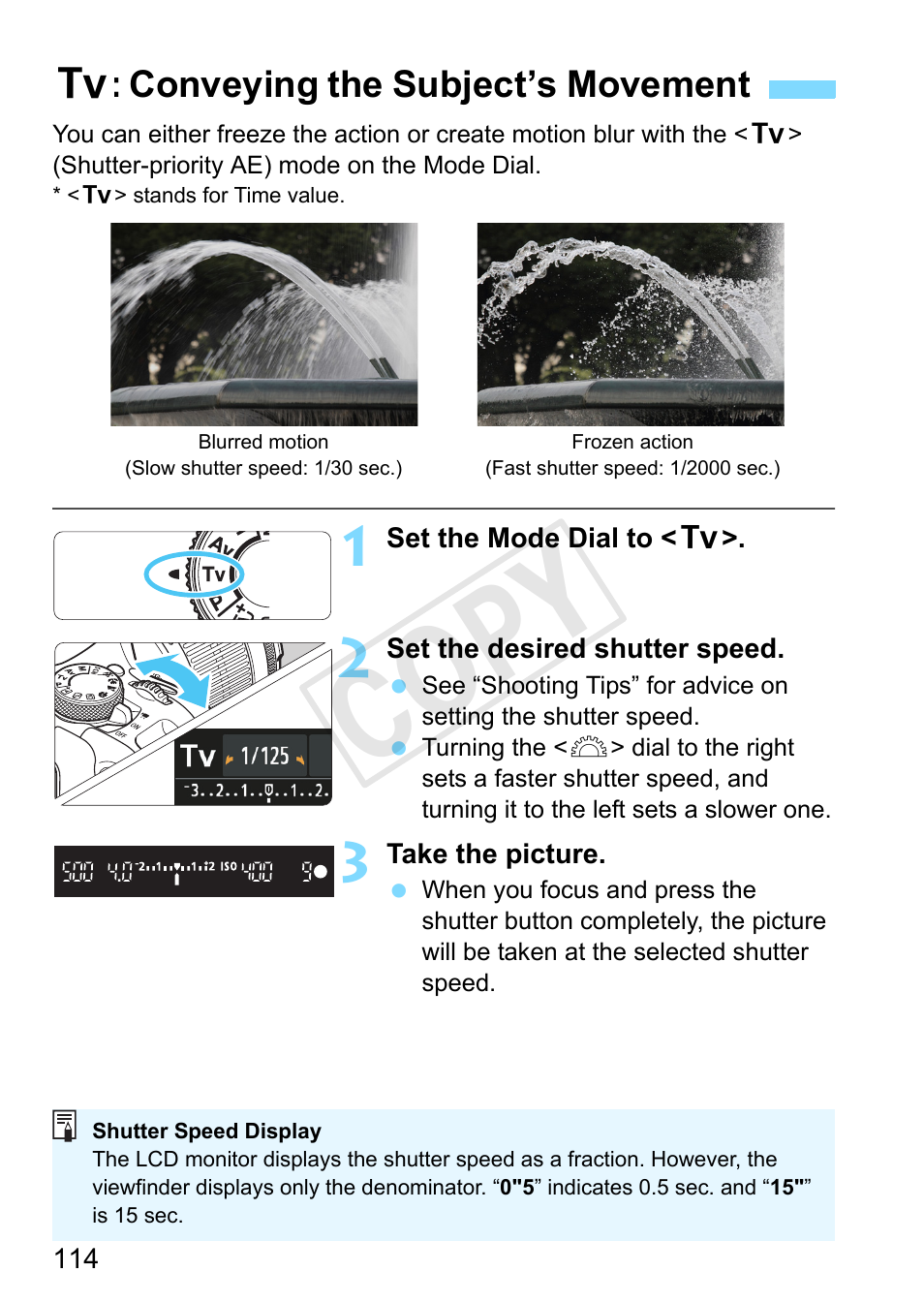 Conveying the subject’s movement, P.114, Shutter-priority ae (p.114) | Peed (p.114), Cop y | Canon EOS Rebel SL1 18-55mm IS STM Lens Kit User Manual | Page 114 / 388