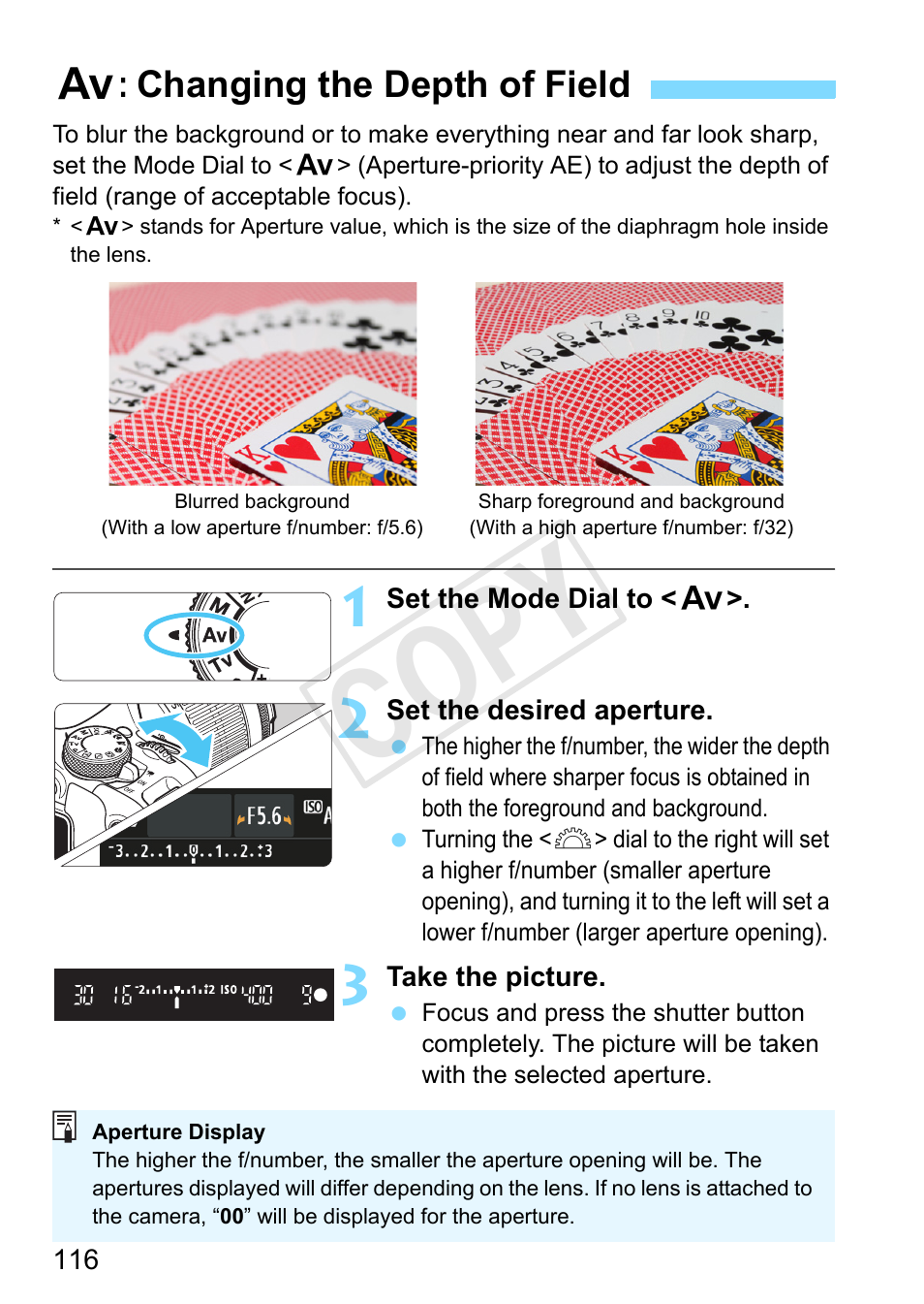 Changing the depth of field, P.116, Y ae (p.116) | Aperture (p.116), Cop y | Canon EOS Rebel SL1 18-55mm IS STM Lens Kit User Manual | Page 116 / 388