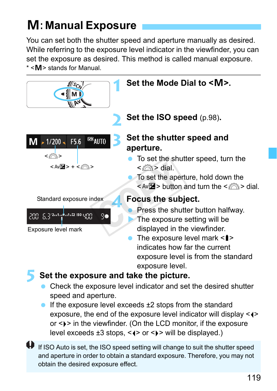 Manual exposure, Button (p.119/123), Manual exposure (p.119) | Cop y, A: manual exposure | Canon EOS Rebel SL1 18-55mm IS STM Lens Kit User Manual | Page 119 / 388
