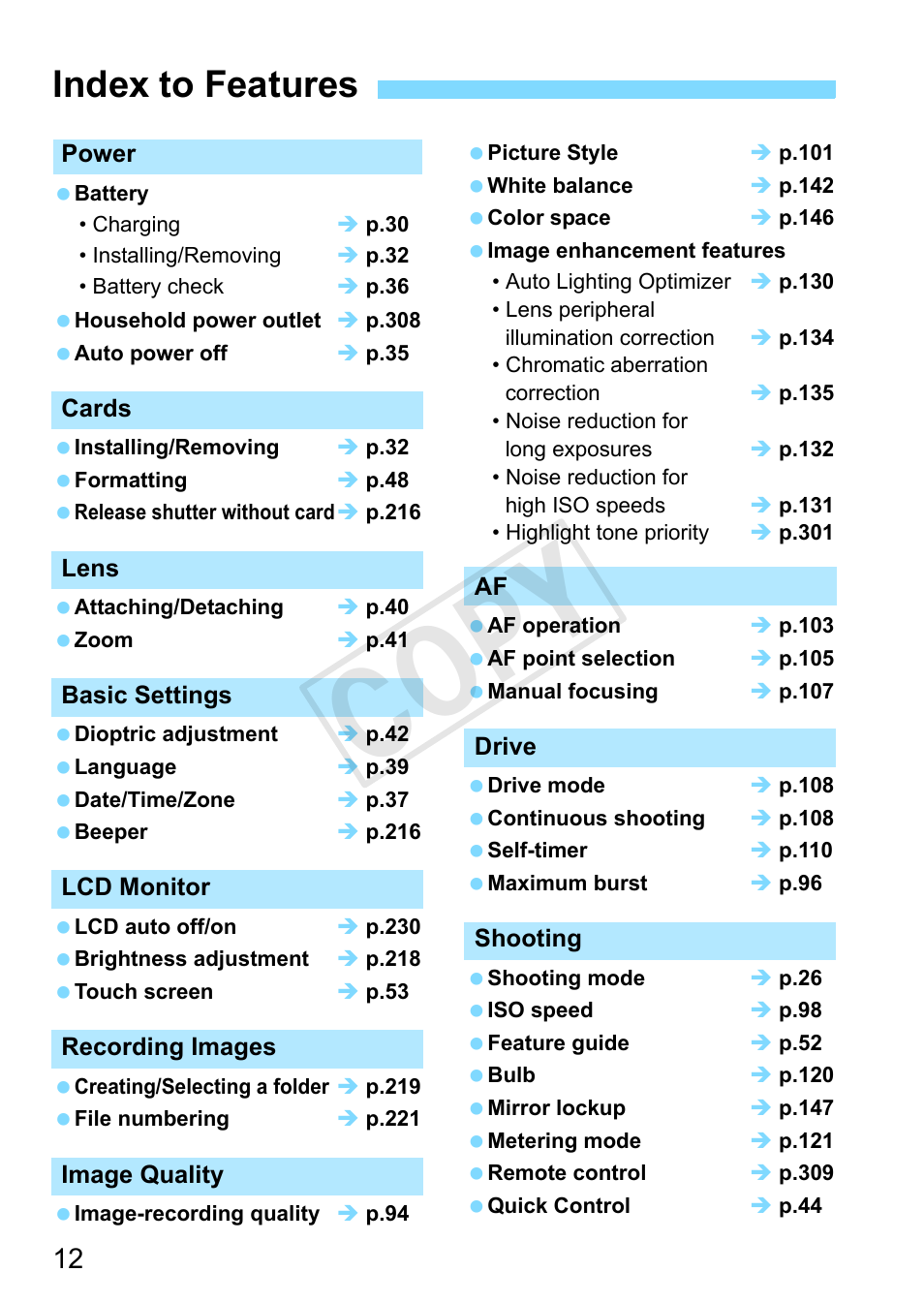 Index to features, C op y | Canon EOS Rebel SL1 18-55mm IS STM Lens Kit User Manual | Page 12 / 388