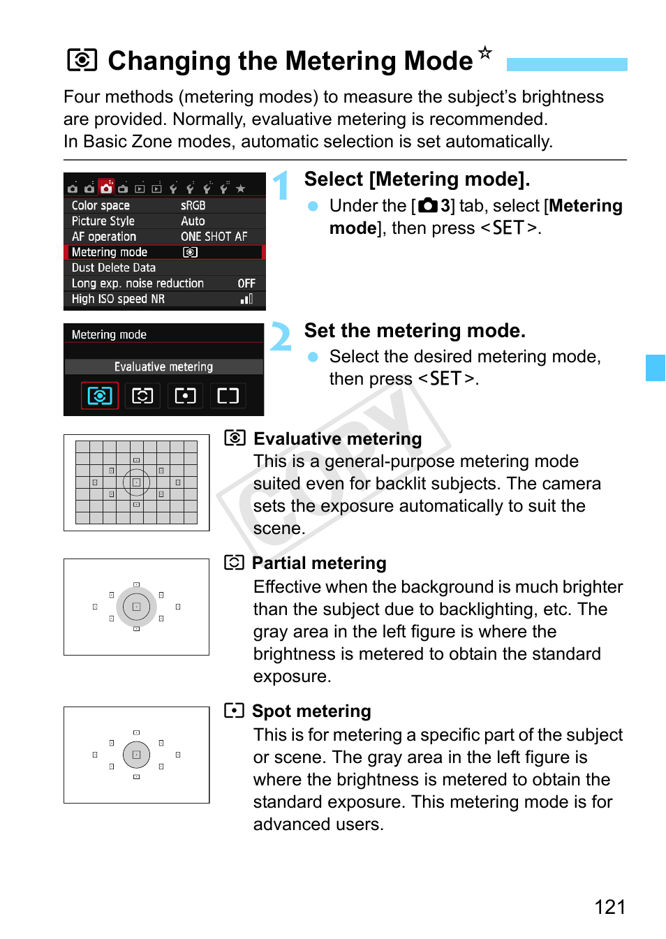 Changing the metering mode, P.121, Metering mode (p.121) | Cop y | Canon EOS Rebel SL1 18-55mm IS STM Lens Kit User Manual | Page 121 / 388