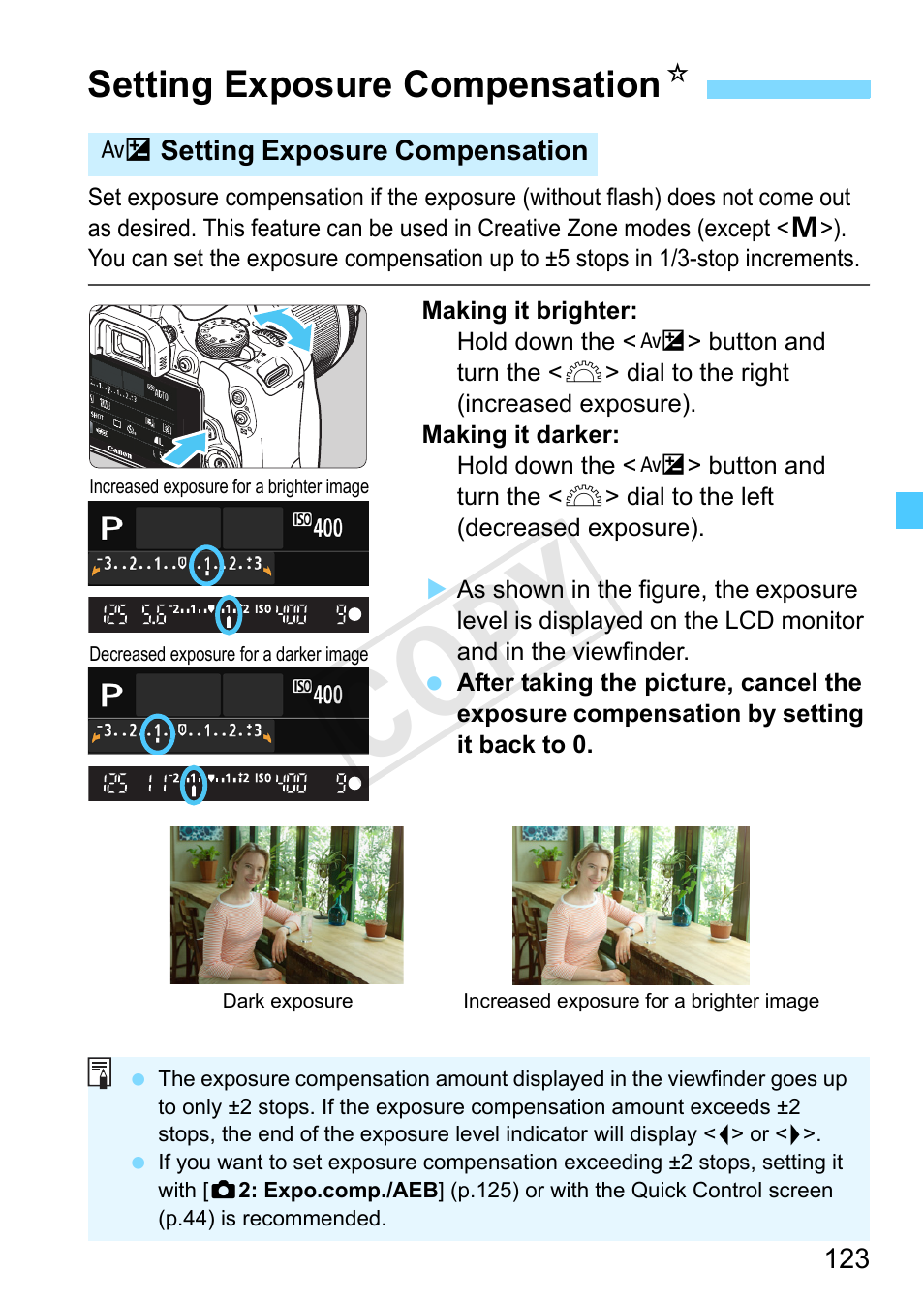 Setting exposure compensation, P.123, Amount (p.123) | Compensation (p.123), Aeb setting (p.123, 125), Cop y, Setting exposure compensation n | Canon EOS Rebel SL1 18-55mm IS STM Lens Kit User Manual | Page 123 / 388
