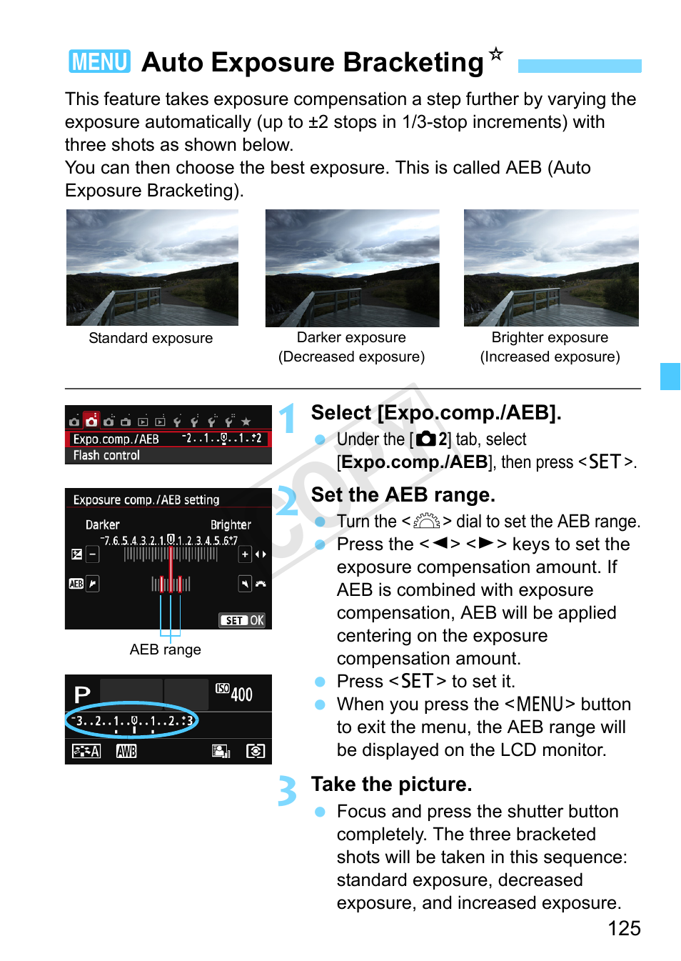 Auto exposure bracketing, P.125, Aeb range (p.125) | Cop y | Canon EOS Rebel SL1 18-55mm IS STM Lens Kit User Manual | Page 125 / 388