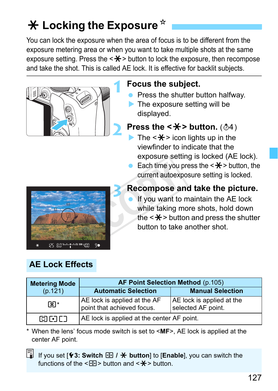 Locking the exposure, P.127, P.127/128/242/244, 279, 289) | Cop y, Alocking the exposure n | Canon EOS Rebel SL1 18-55mm IS STM Lens Kit User Manual | Page 127 / 388