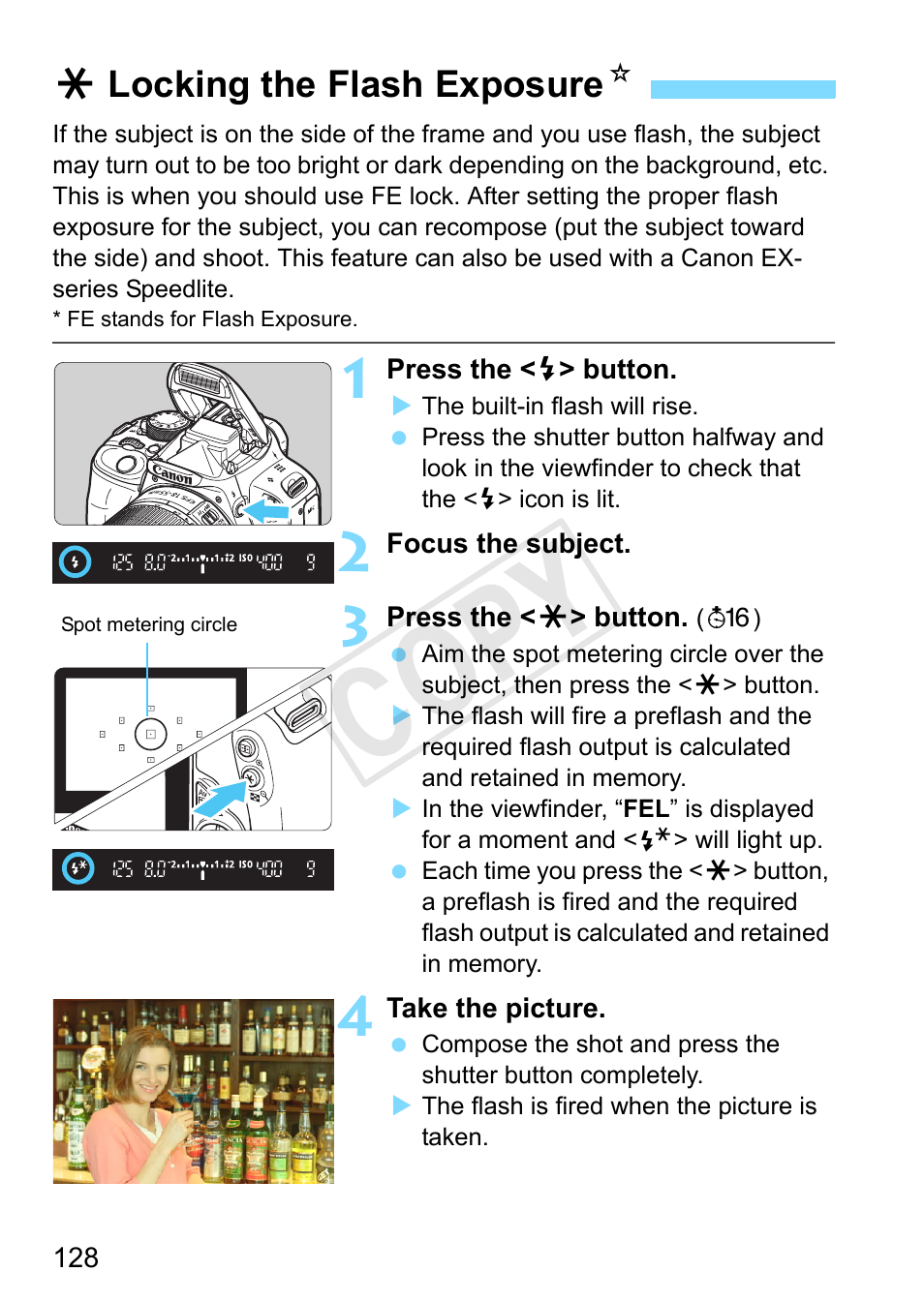 Locking the flash exposure, P.128, Cop y | Canon EOS Rebel SL1 18-55mm IS STM Lens Kit User Manual | Page 128 / 388