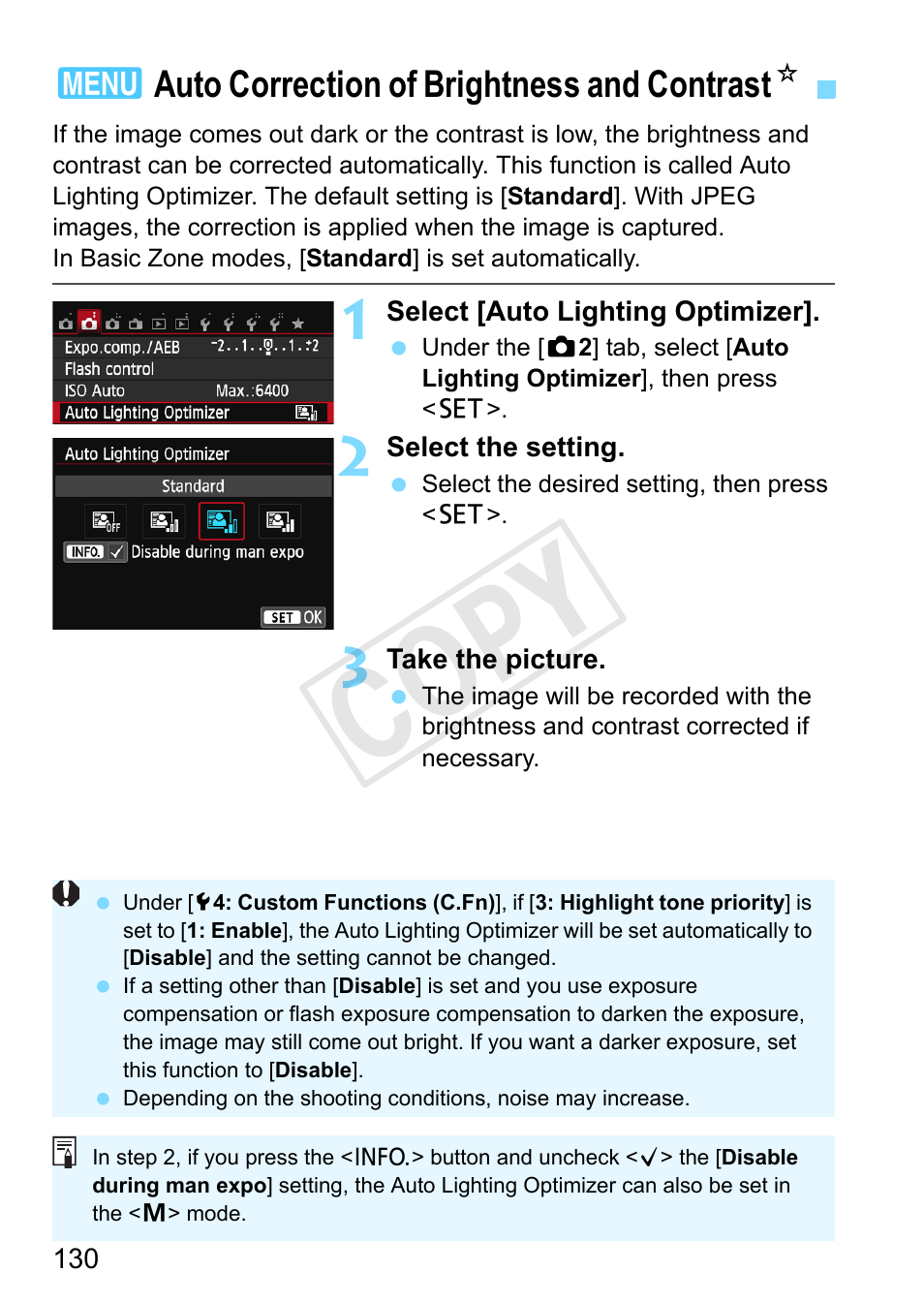 Auto correction of brightness and contrast, P.130, Auto lighting optimizer (p.130) | P.130), Mode (p.130), Cop y | Canon EOS Rebel SL1 18-55mm IS STM Lens Kit User Manual | Page 130 / 388