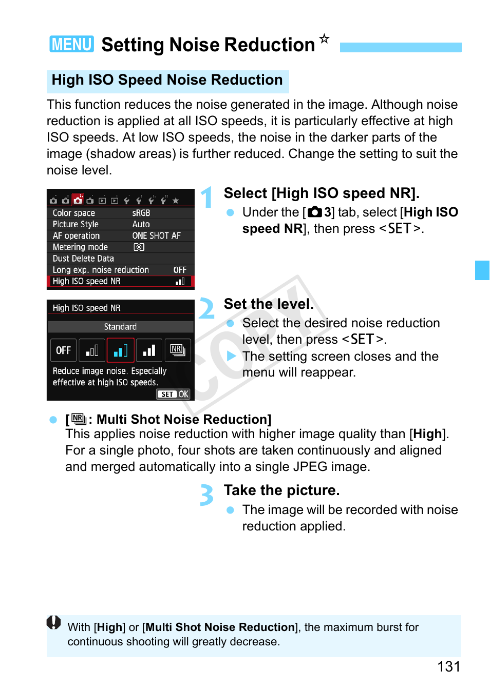 Setting noise reduction, P.131, Multi shot noise reduction (p.131) | Cop y | Canon EOS Rebel SL1 18-55mm IS STM Lens Kit User Manual | Page 131 / 388