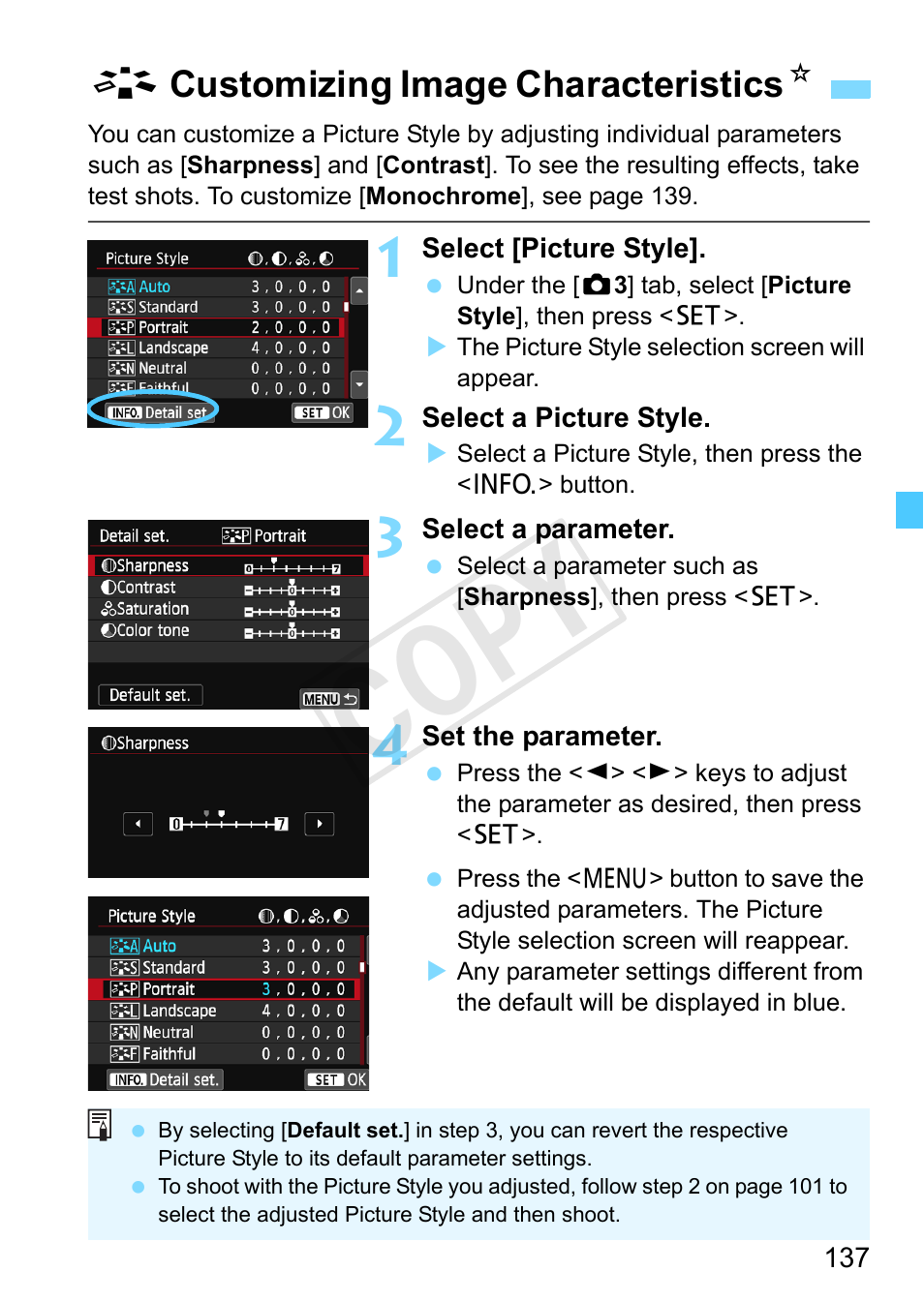 Customizing image characteristics, Customizing image characteristics (picture style), Cop y | Canon EOS Rebel SL1 18-55mm IS STM Lens Kit User Manual | Page 137 / 388