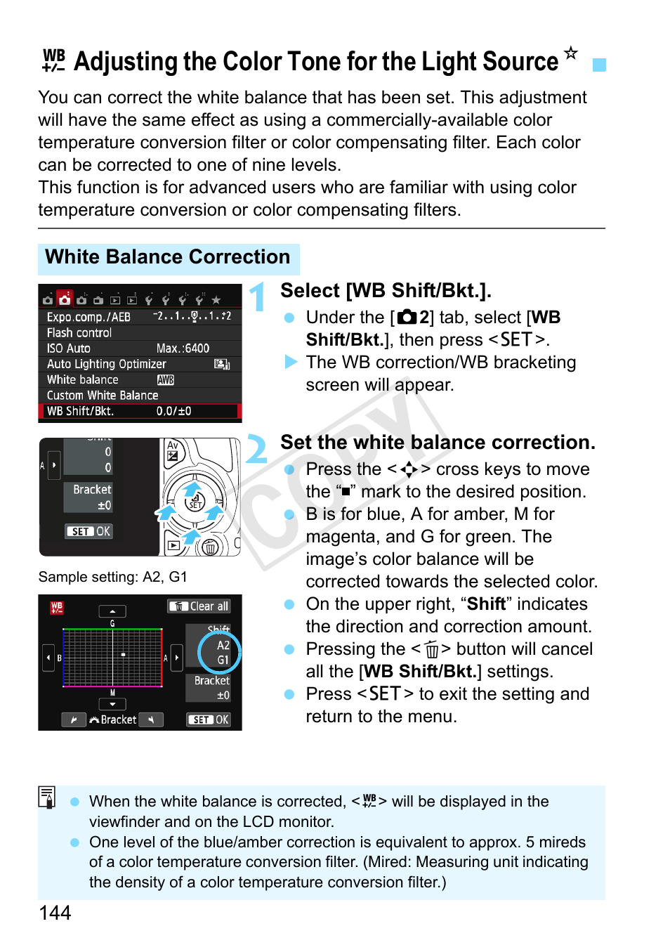 Adjusting the color tone for the light source, White balance correction (p.144), Ite balance correction (p.144) | Cop y, Uadjusting the color tone for the light source n | Canon EOS Rebel SL1 18-55mm IS STM Lens Kit User Manual | Page 144 / 388