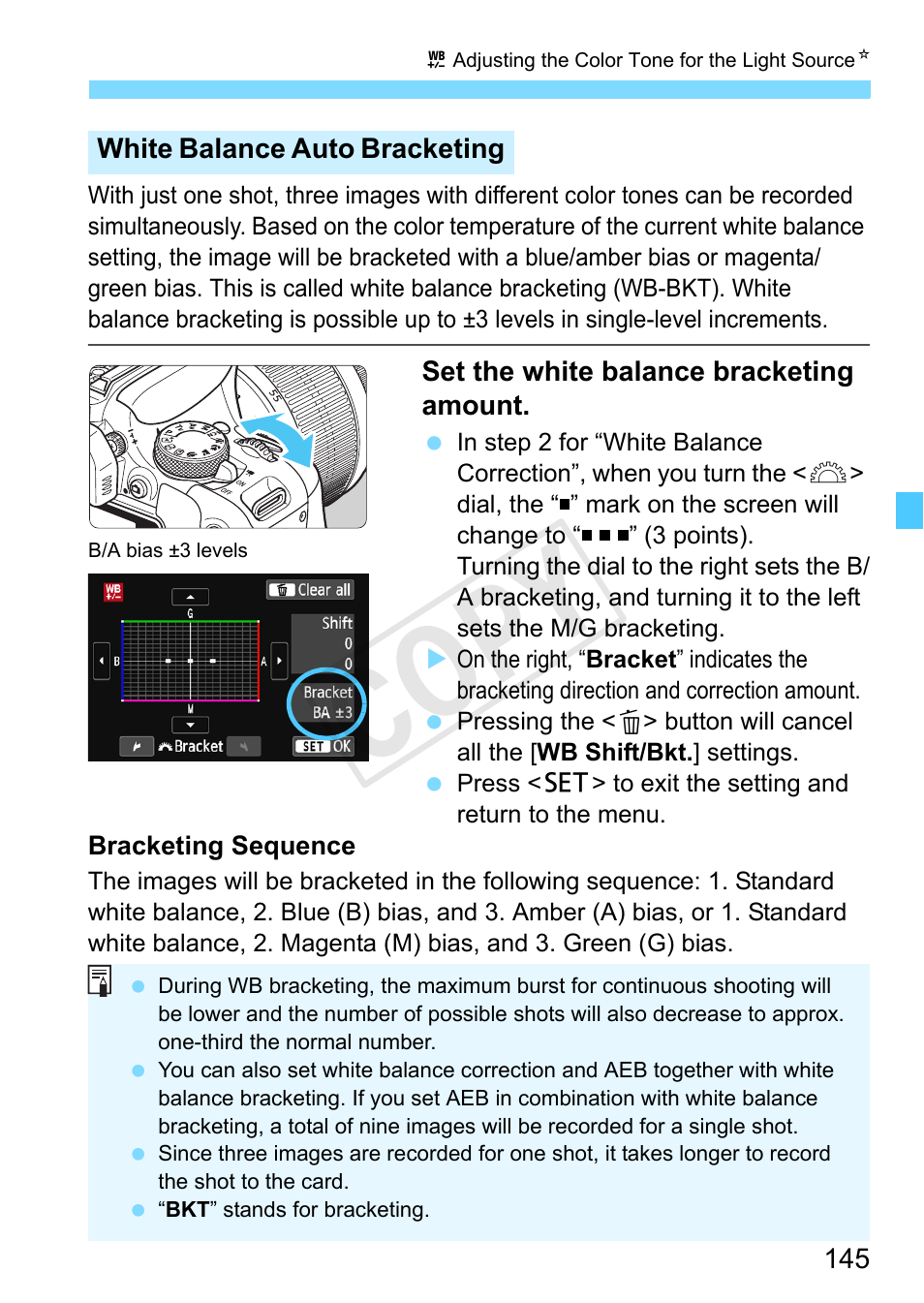 White balance bracketing (p.145), Cop y | Canon EOS Rebel SL1 18-55mm IS STM Lens Kit User Manual | Page 145 / 388