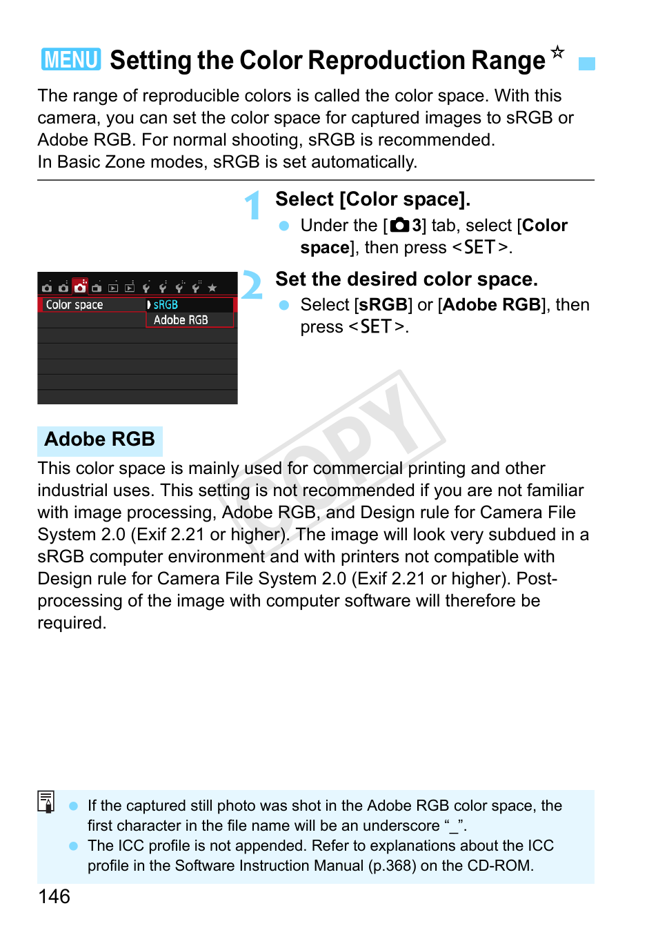 Setting the color reproduction range, P.146, Setting the color reproduction range (color space) | Cop y | Canon EOS Rebel SL1 18-55mm IS STM Lens Kit User Manual | Page 146 / 388