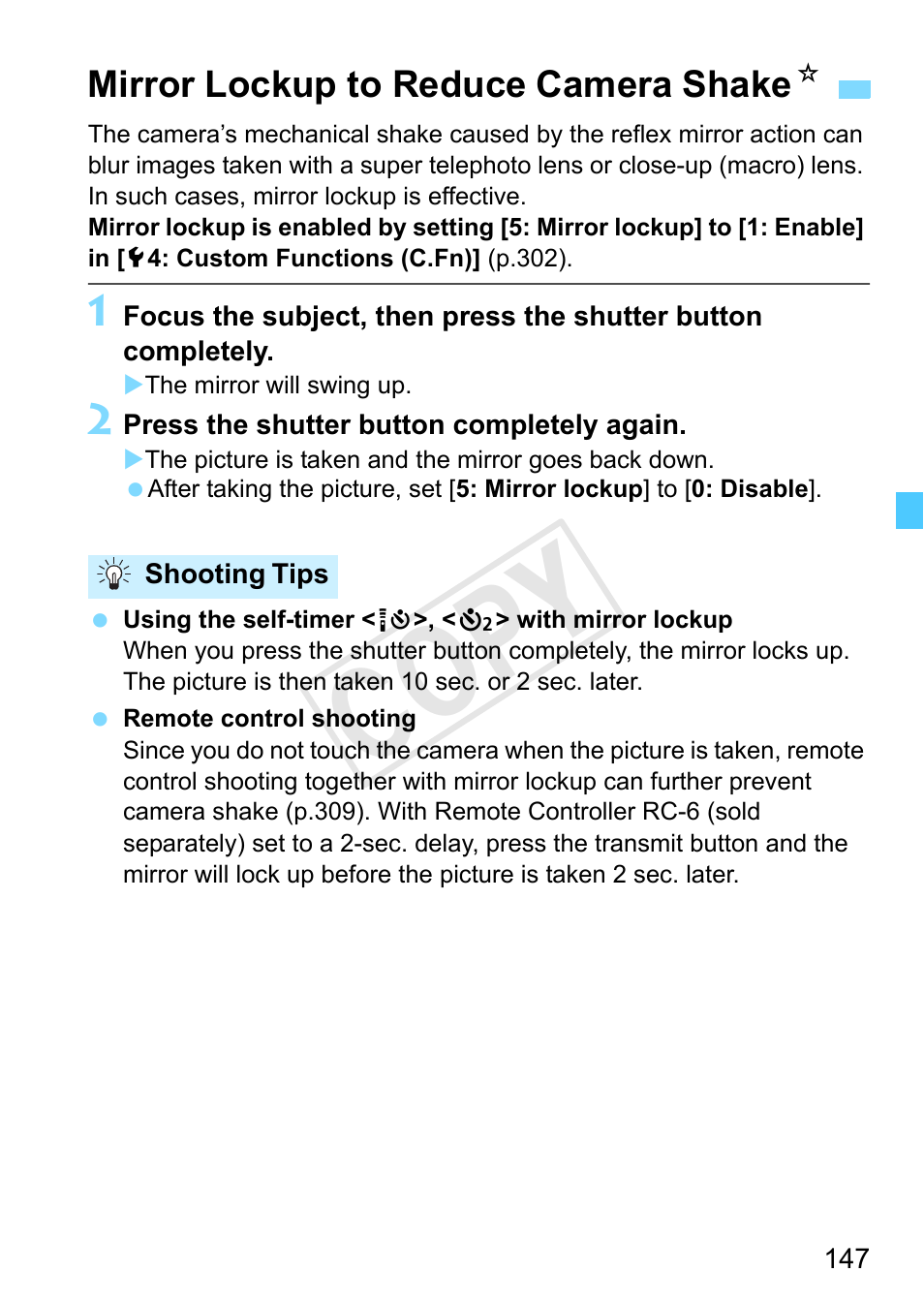 Mirror lockup to reduce camera shake, P.147, Mirror (p.147, 239) | P.147, 309), P.147), Cop y | Canon EOS Rebel SL1 18-55mm IS STM Lens Kit User Manual | Page 147 / 388