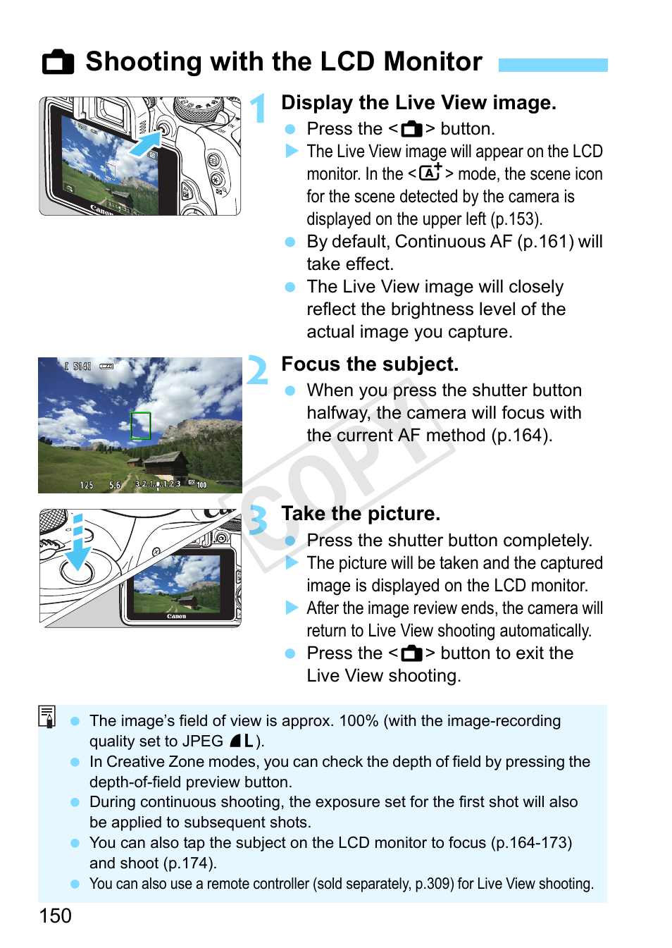 Shooting with the lcd monitor, Movie shooting button (p.150/182), Cop y | Ashooting with the lcd monitor | Canon EOS Rebel SL1 18-55mm IS STM Lens Kit User Manual | Page 150 / 388