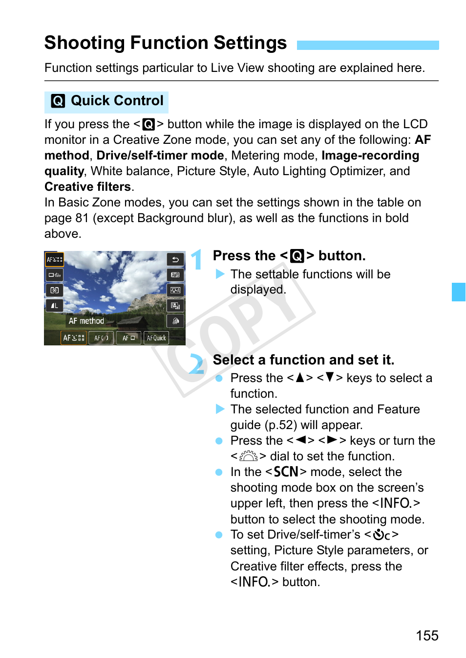 Shooting function settings, P.155, Cop y | Canon EOS Rebel SL1 18-55mm IS STM Lens Kit User Manual | Page 155 / 388