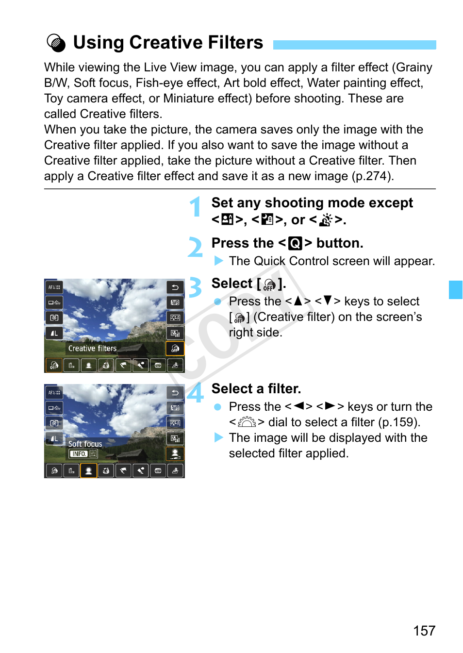 Using creative filters, P.157, Cop y | Canon EOS Rebel SL1 18-55mm IS STM Lens Kit User Manual | Page 157 / 388