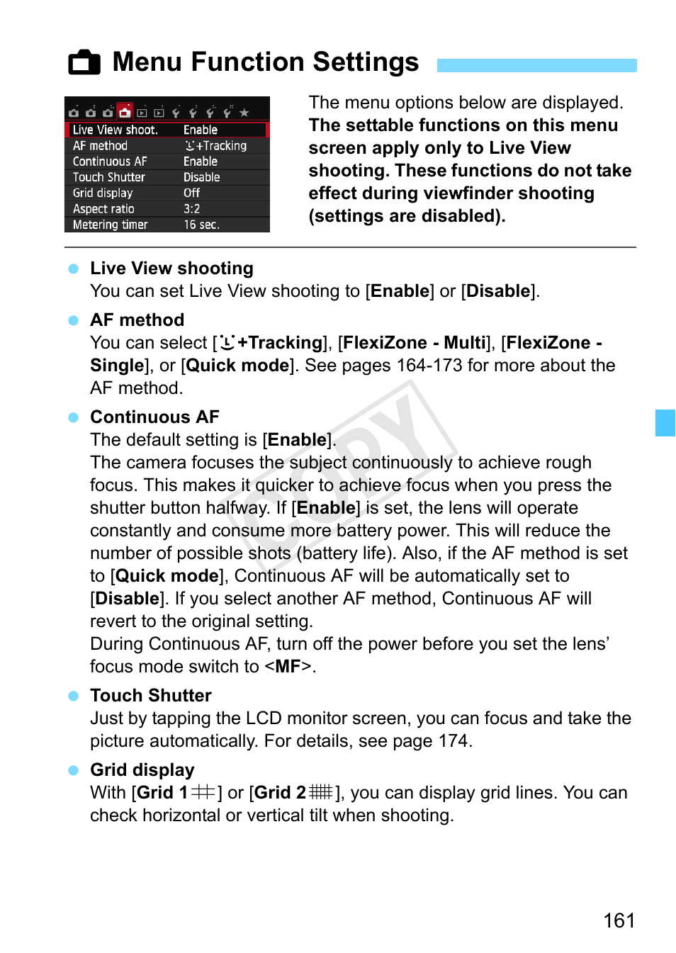 Menu function settings, P.161, By default, continuous af (p.161) will | Cop y | Canon EOS Rebel SL1 18-55mm IS STM Lens Kit User Manual | Page 161 / 388