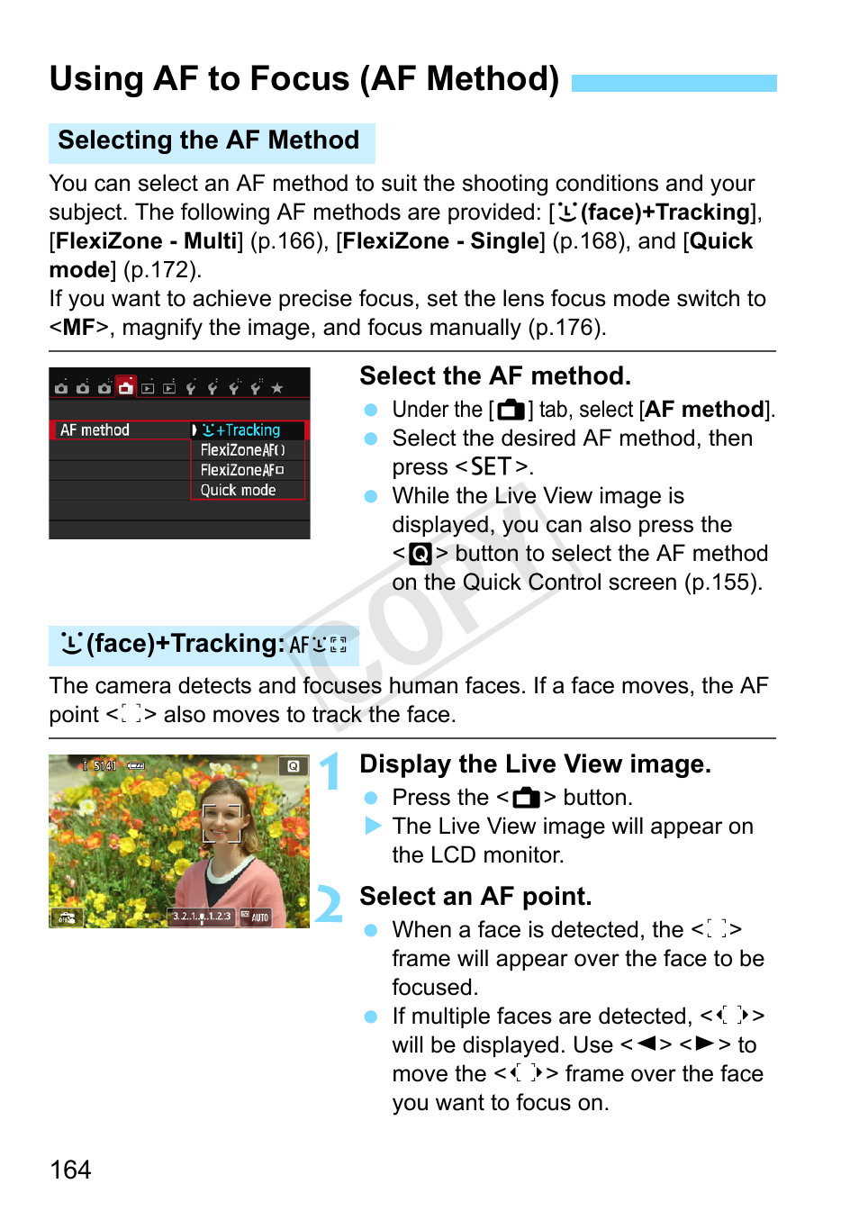 Using af to focus (af method), P.164, The current af method (p.164) | D monitor to focus (p.164-173), Cop y | Canon EOS Rebel SL1 18-55mm IS STM Lens Kit User Manual | Page 164 / 388