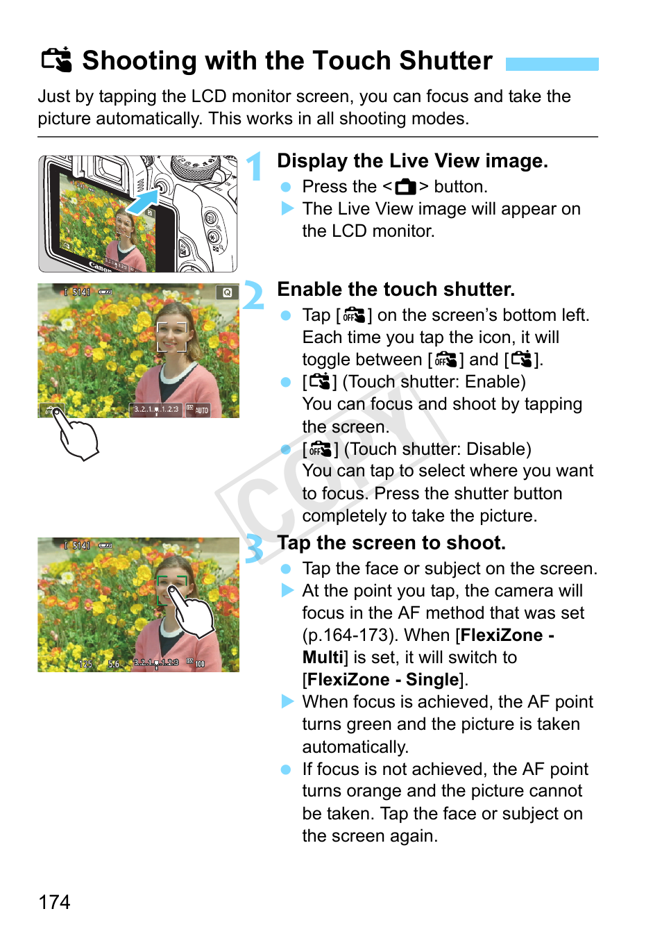Shooting with the touch shutter, P.174, And shoot (p.174) | Cop y | Canon EOS Rebel SL1 18-55mm IS STM Lens Kit User Manual | Page 174 / 388