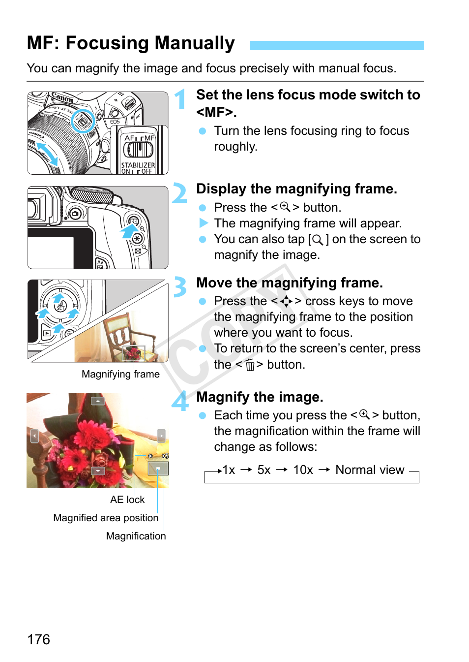 Mf: focusing manually, Magnify the image, and focus manually (p.176), Cop y | Canon EOS Rebel SL1 18-55mm IS STM Lens Kit User Manual | Page 176 / 388