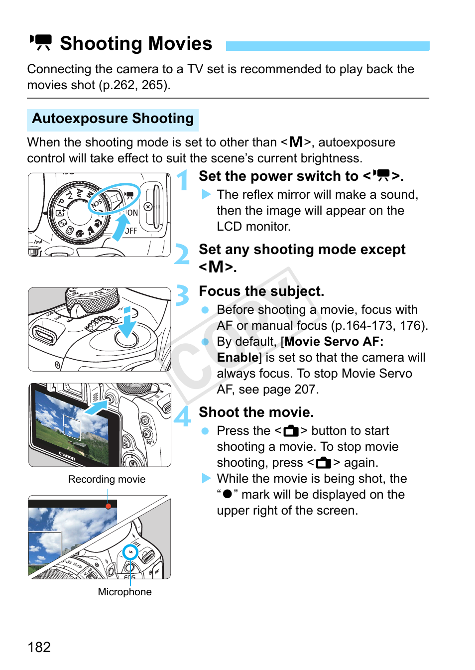 Shooting movies, Autoexposure shooting, P.182) | Cop y | Canon EOS Rebel SL1 18-55mm IS STM Lens Kit User Manual | Page 182 / 388