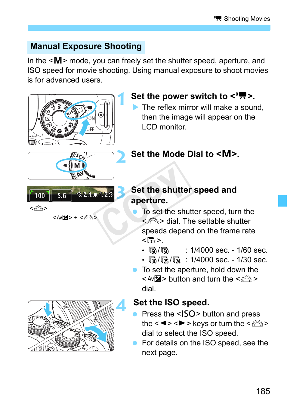 P.185, Manual exposure shooting, Cop y | Canon EOS Rebel SL1 18-55mm IS STM Lens Kit User Manual | Page 185 / 388