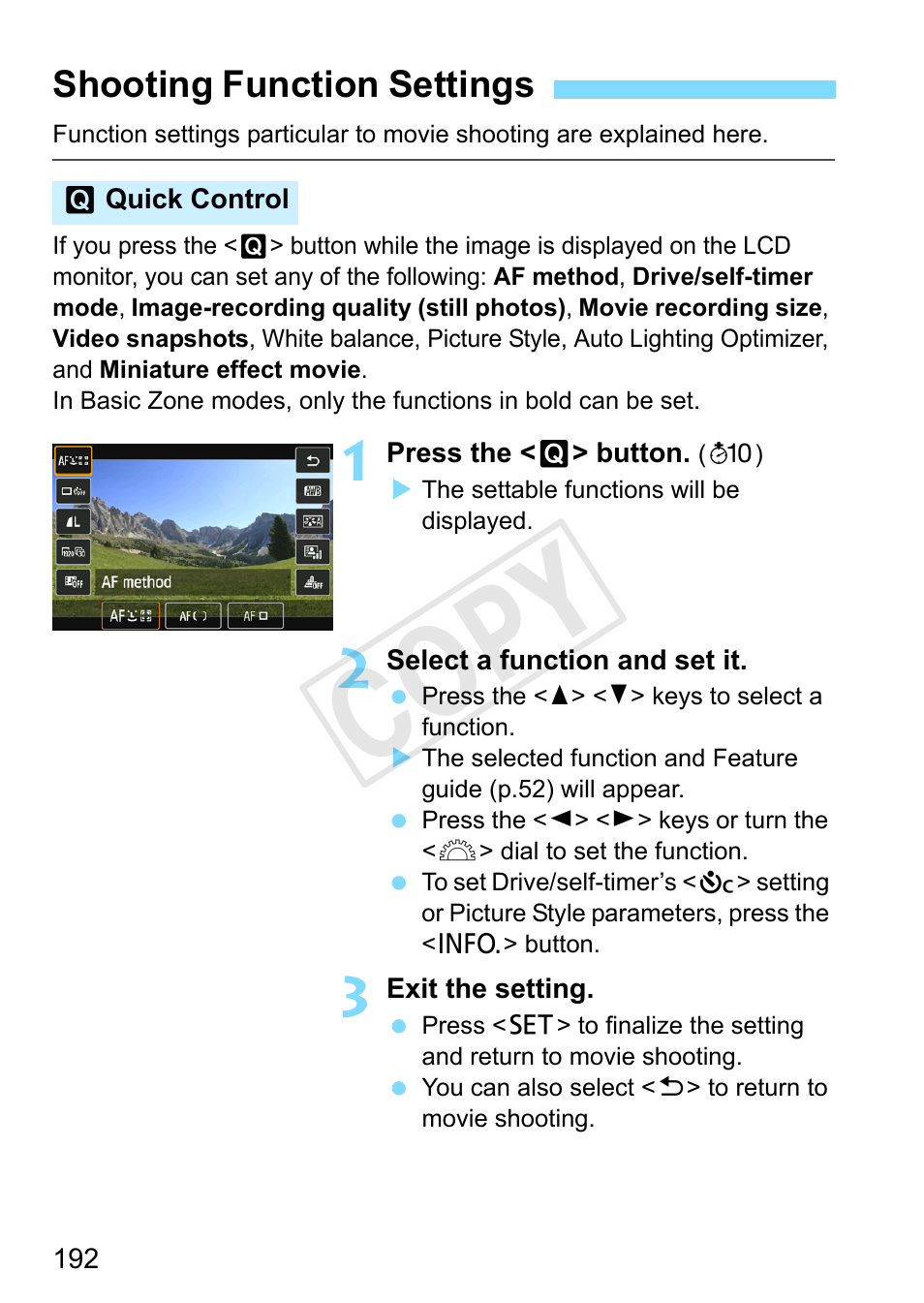 Shooting function settings, P.192, Cop y | Canon EOS Rebel SL1 18-55mm IS STM Lens Kit User Manual | Page 192 / 388