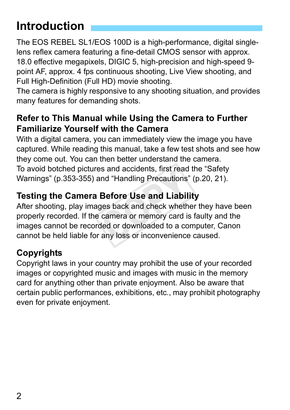 Introduction, Cop y | Canon EOS Rebel SL1 18-55mm IS STM Lens Kit User Manual | Page 2 / 388