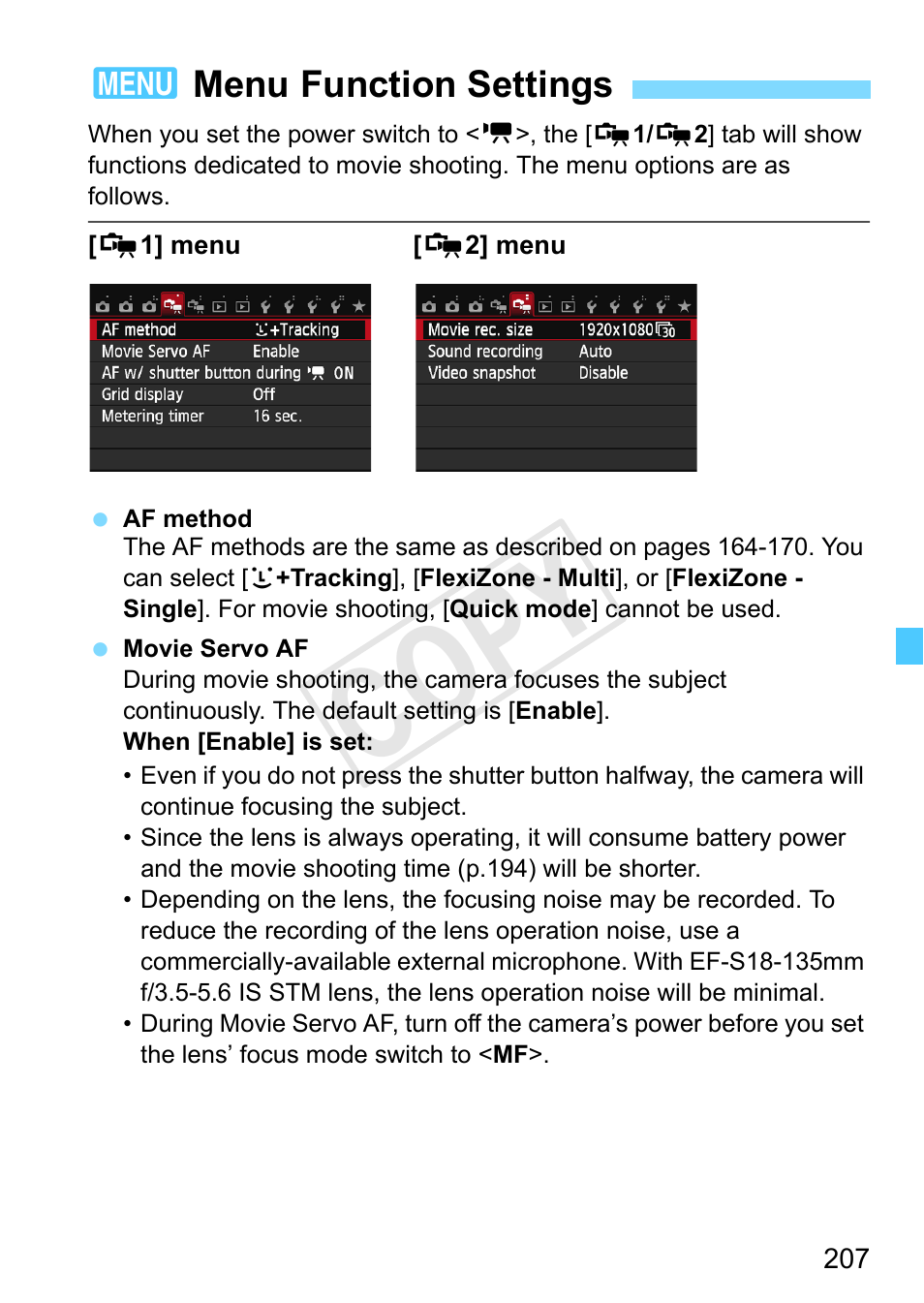 Menu function settings, P.207, Bs (p.207) | Cop y | Canon EOS Rebel SL1 18-55mm IS STM Lens Kit User Manual | Page 207 / 388