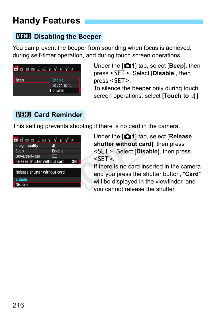 Handy features, P.216, Disabling the beeper card reminder | Disabling the beeper (p.216), Card reminder (p.216), Cop y | Canon EOS Rebel SL1 18-55mm IS STM Lens Kit User Manual | Page 216 / 388