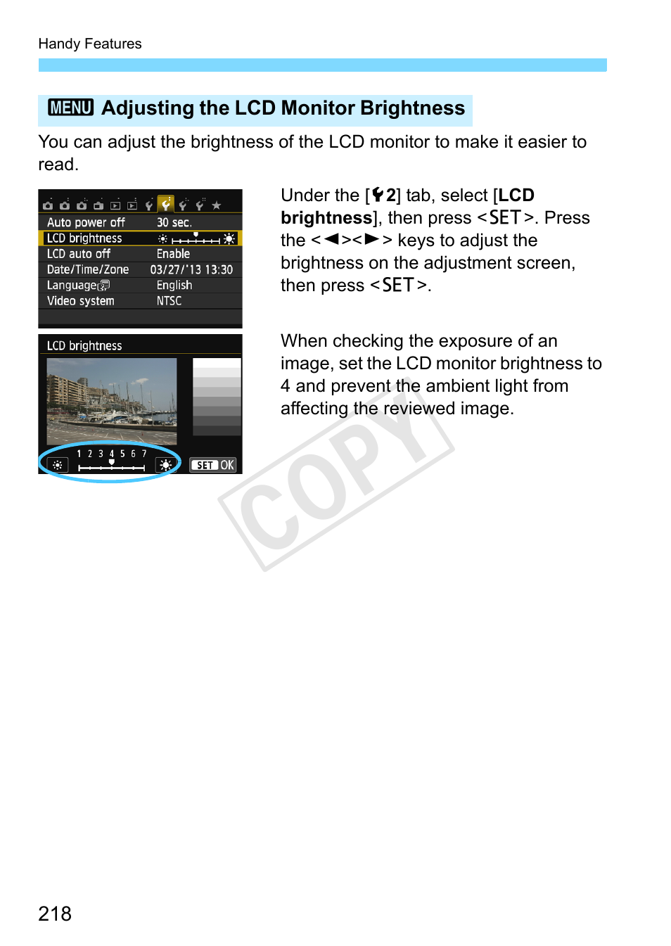 P.218, Adjusting the lcd monitor brightness, Tor brightness (p.218) | Cop y | Canon EOS Rebel SL1 18-55mm IS STM Lens Kit User Manual | Page 218 / 388