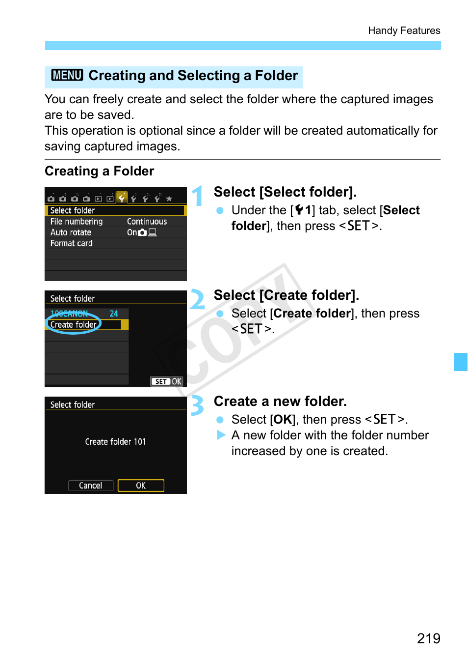 P.219, Creating and selecting a folder, G a folder (p.219) | Cop y | Canon EOS Rebel SL1 18-55mm IS STM Lens Kit User Manual | Page 219 / 388