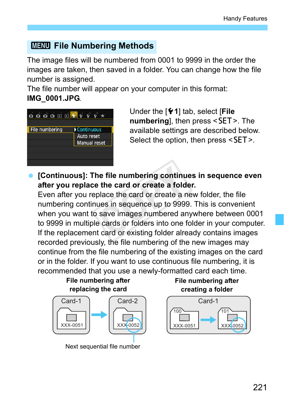 P.221, File numbering methods, File numbering methods (p.221) | Cop y | Canon EOS Rebel SL1 18-55mm IS STM Lens Kit User Manual | Page 221 / 388
