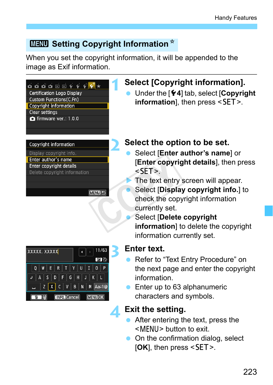 Setting copyright information, Setting copyright information (p.223), Cop y | Canon EOS Rebel SL1 18-55mm IS STM Lens Kit User Manual | Page 223 / 388